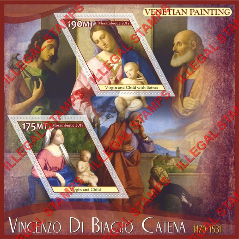  Mozambique 2017 Paintings by Vincenzo di Biagio Catena Counterfeit Illegal Stamp Souvenir Sheet of 2