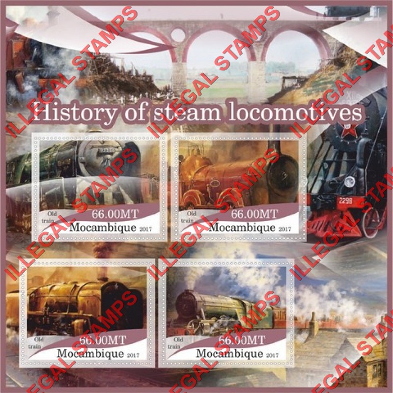  Mozambique 2017 Steam Locomotives Old Train Counterfeit Illegal Stamp Souvenir Sheet of 4
