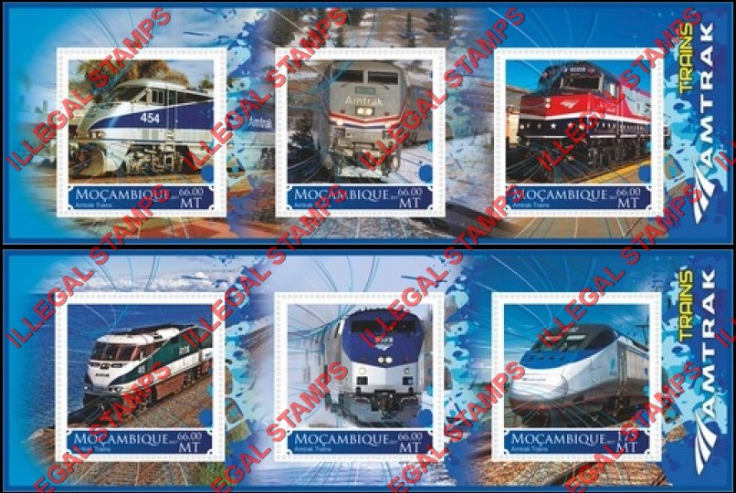  Mozambique 2017 Trains AMTRAK Counterfeit Illegal Stamp Souvenir Sheets of 3