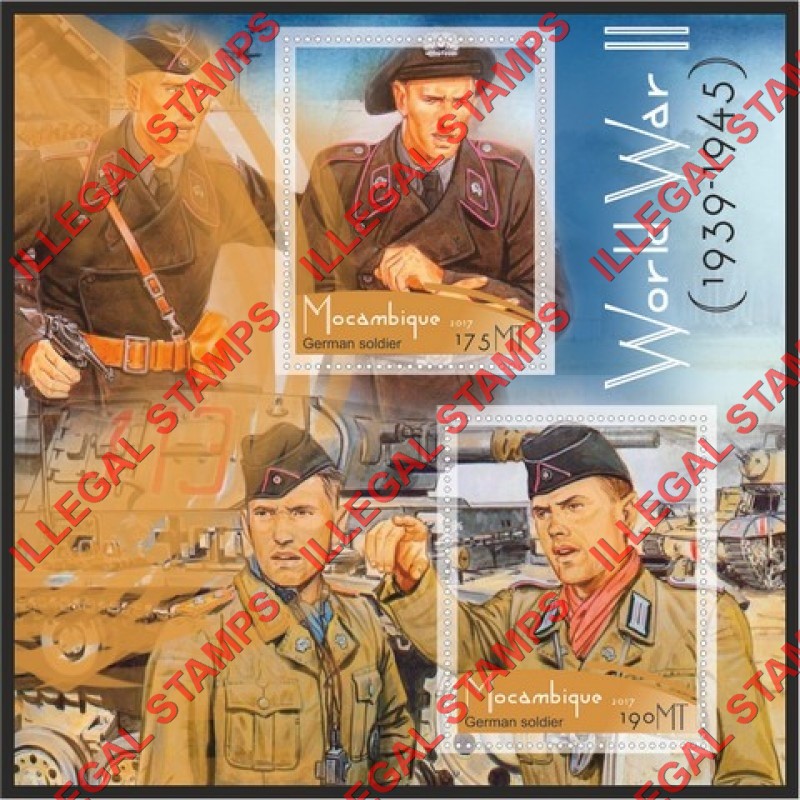  Mozambique 2017 World War II German Soldiers Counterfeit Illegal Stamp Souvenir Sheet of 2