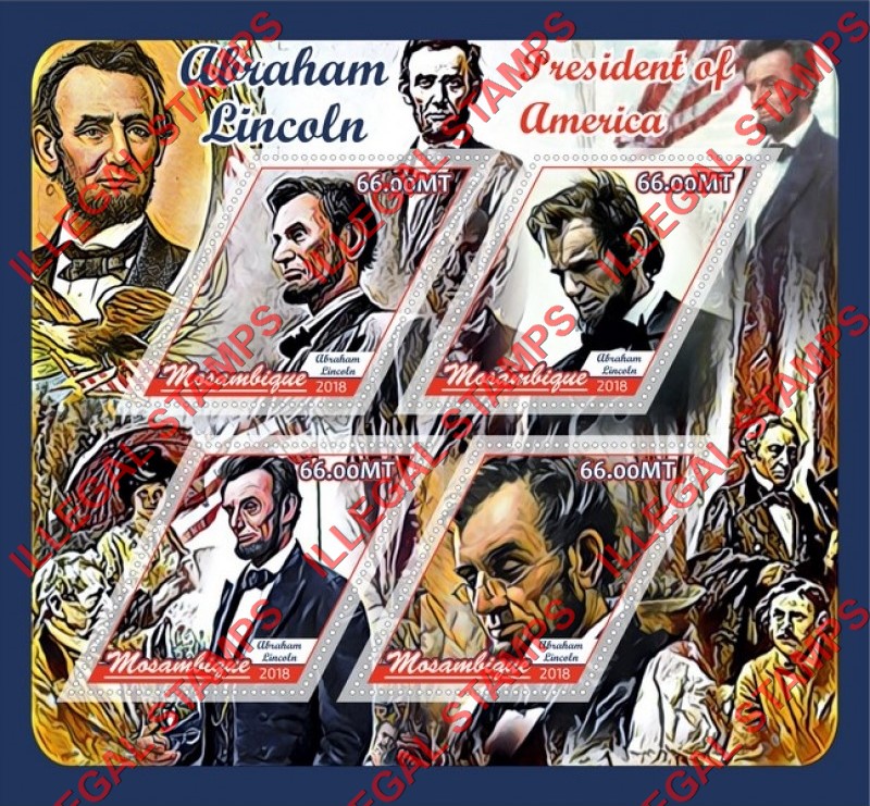 Mozambique 2018 Abraham Lincoln Counterfeit Illegal Stamp Souvenir Sheet of 4 Mozambique 2018 Abraham Lincoln Counterfeit Illegal Stamp Souvenir Sheet of 4