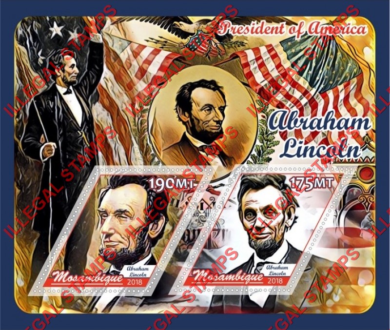Mozambique 2018 Abraham Lincoln Counterfeit Illegal Stamp Souvenir Sheet of 2 Mozambique 2018 Abraham Lincoln Counterfeit Illegal Stamp Souvenir Sheet of 2