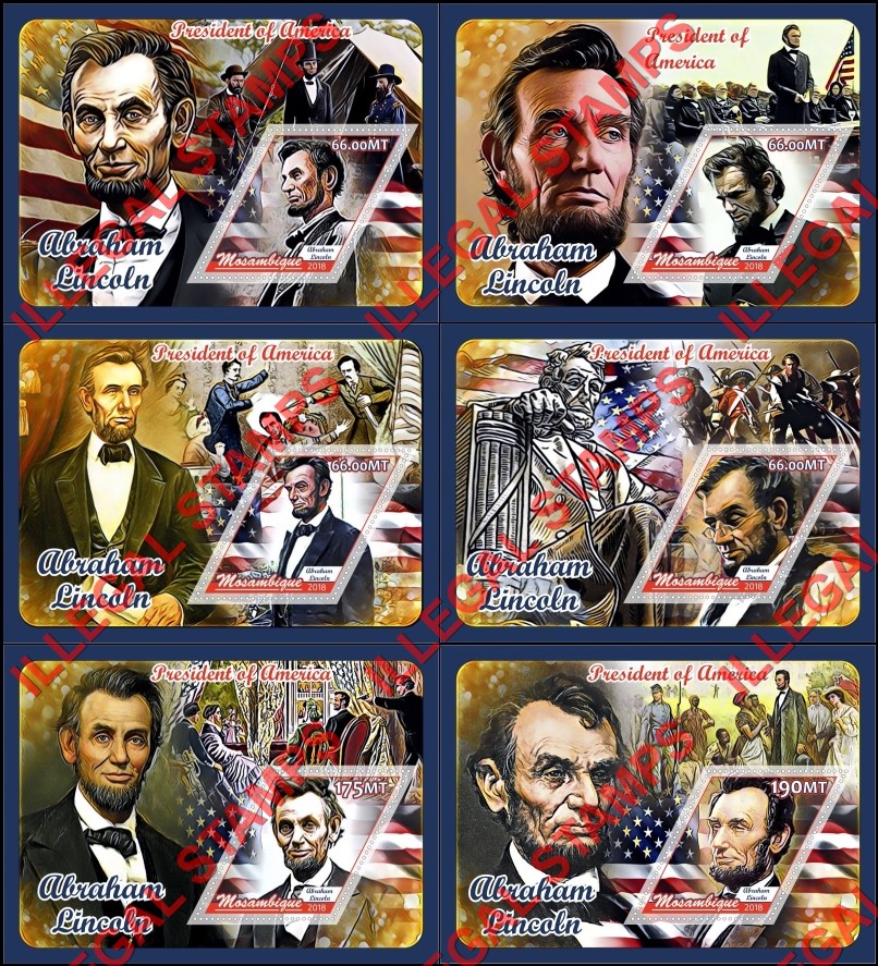 Mozambique 2018 Abraham Lincoln Counterfeit Illegal Stamp Souvenir Sheets of 1 Mozambique 2018 Abraham Lincoln Counterfeit Illegal Stamp Souvenir Sheets of 1