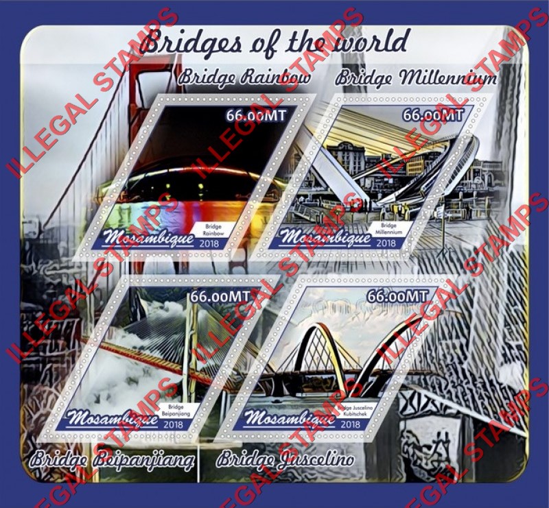 Mozambique 2018 Bridges Counterfeit Illegal Stamp Souvenir Sheet of 4 Mozambique 2018 Bridges Counterfeit Illegal Stamp Souvenir Sheet of 4