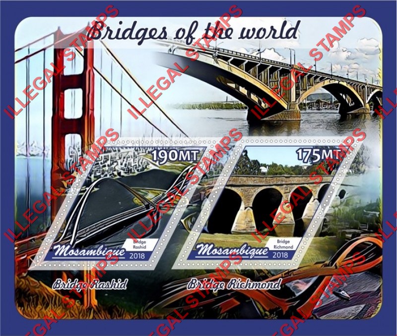 Mozambique 2018 Bridges Counterfeit Illegal Stamp Souvenir Sheet of 2 Mozambique 2018 Bridges Counterfeit Illegal Stamp Souvenir Sheet of 2