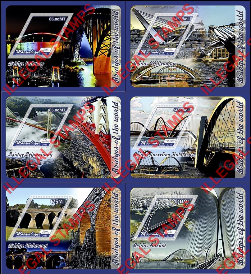 Mozambique 2018 Bridges Counterfeit Illegal Stamp Souvenir Sheets of 1 Mozambique 2018 Bridges Counterfeit Illegal Stamp Souvenir Sheets of 1