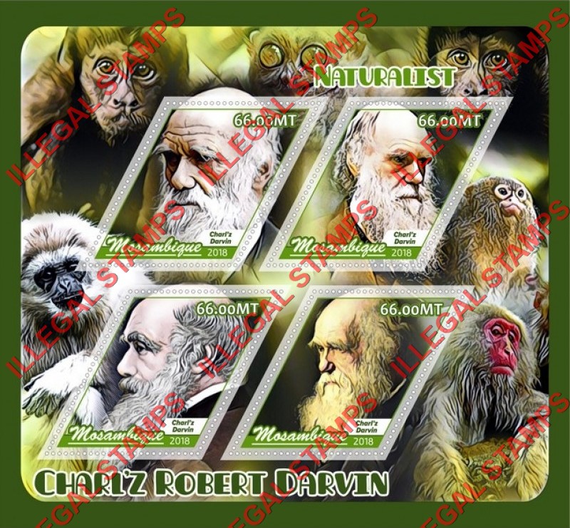 Mozambique 2018 Charles Darwin Naturalist Counterfeit Illegal Stamp Souvenir Sheet of 4 Mozambique 2018 Charles Darwin Naturalist Counterfeit Illegal Stamp Souvenir Sheet of 4
