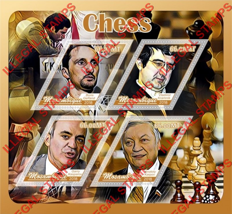 Mozambique 2018 Chess Players Counterfeit Illegal Stamp Souvenir Sheet of 4 Mozambique 2018 Chess Players Counterfeit Illegal Stamp Souvenir Sheet of 4