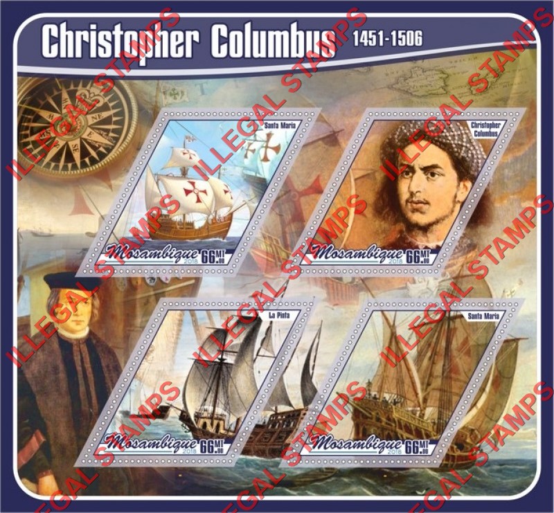 Mozambique 2018 Christopher Columbus (different) Counterfeit Illegal Stamp Souvenir Sheet of 4 Mozambique 2018 Christopher Columbus (different) Counterfeit Illegal Stamp Souvenir Sheet of 4