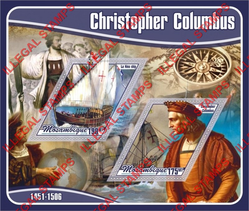 Mozambique 2018 Christopher Columbus (different) Counterfeit Illegal Stamp Souvenir Sheet of 2 Mozambique 2018 Christopher Columbus (different) Counterfeit Illegal Stamp Souvenir Sheet of 2