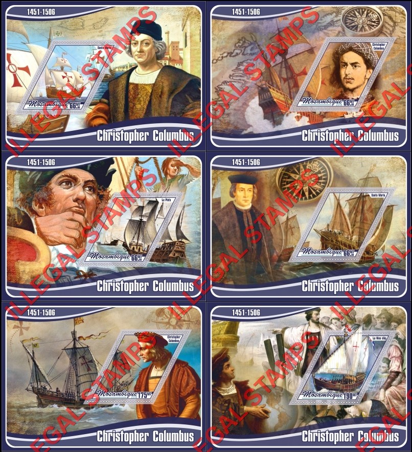 Mozambique 2018 Christopher Columbus (different) Counterfeit Illegal Stamp Souvenir Sheets of 1 Mozambique 2018 Christopher Columbus (different) Counterfeit Illegal Stamp Souvenir Sheets of 1