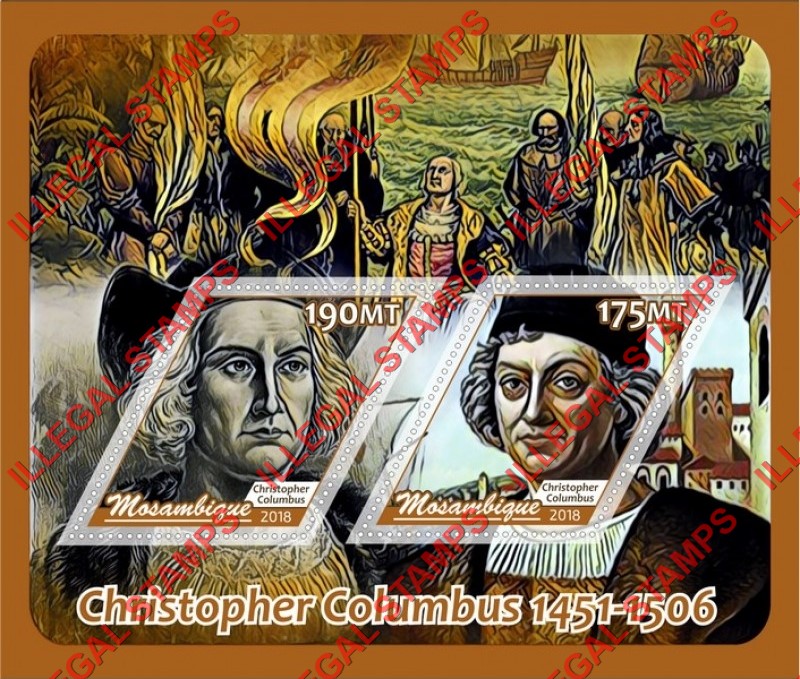 Mozambique 2018 Christopher Columbus Counterfeit Illegal Stamp Souvenir Sheet of 2 Mozambique 2018 Christopher Columbus Counterfeit Illegal Stamp Souvenir Sheet of 2