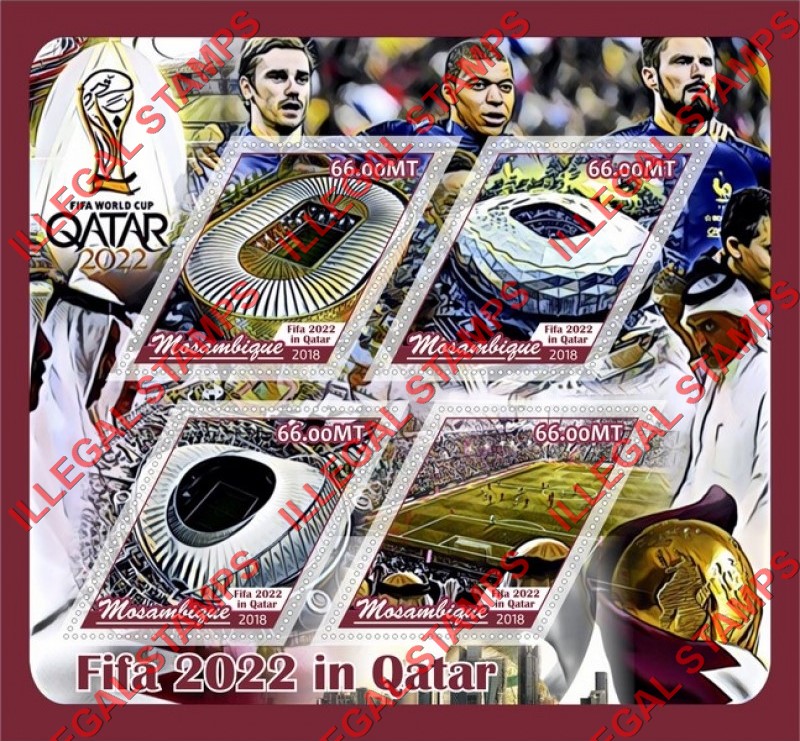 Mozambique 2018 FIFA World Cup Soccer in Qatar in 2022 Stadiums Counterfeit Illegal Stamp Souvenir Sheet of 4 Mozambique 2018 FIFA World Cup Soccer in Qatar in 2022 Stadiums Counterfeit Illegal Stamp Souvenir Sheet of 4