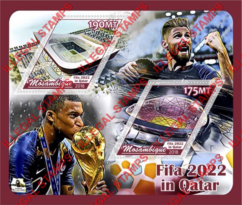 Mozambique 2018 FIFA World Cup Soccer in Qatar in 2022 Stadiums Counterfeit Illegal Stamp Souvenir Sheet of 2 Mozambique 2018 FIFA World Cup Soccer in Qatar in 2022 Stadiums Counterfeit Illegal Stamp Souvenir Sheet of 2