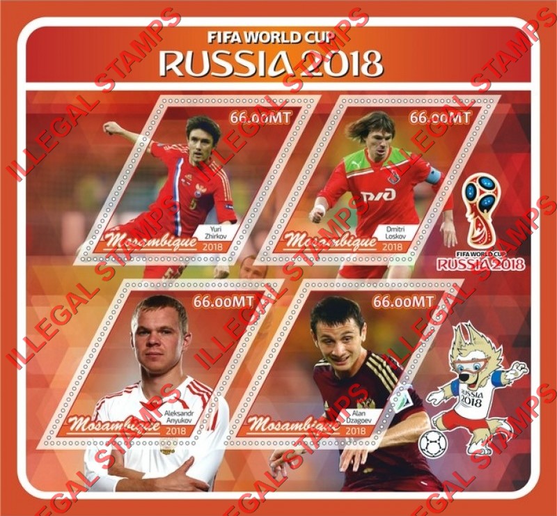 Mozambique 2018 FIFA World Cup Soccer in Russia Players Counterfeit Illegal Stamp Souvenir Sheet of 4 Mozambique 2018 FIFA World Cup Soccer in Russia Players Counterfeit Illegal Stamp Souvenir Sheet of 4