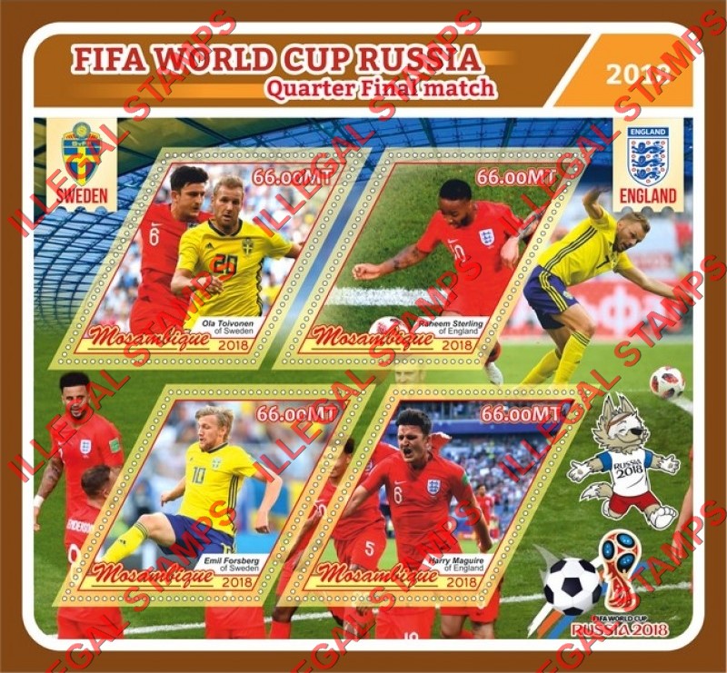 Mozambique 2018 FIFA World Cup Soccer in Russia Quarter Final Match Counterfeit Illegal Stamp Souvenir Sheet of 4 Mozambique 2018 FIFA World Cup Soccer in Russia Quarter Final Match Counterfeit Illegal Stamp Souvenir Sheet of 4