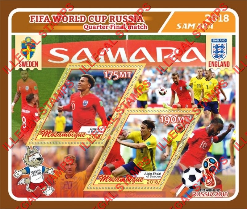 Mozambique 2018 FIFA World Cup Soccer in Russia Quarter Final Match Counterfeit Illegal Stamp Souvenir Sheet of 2 Mozambique 2018 FIFA World Cup Soccer in Russia Quarter Final Match Counterfeit Illegal Stamp Souvenir Sheet of 2