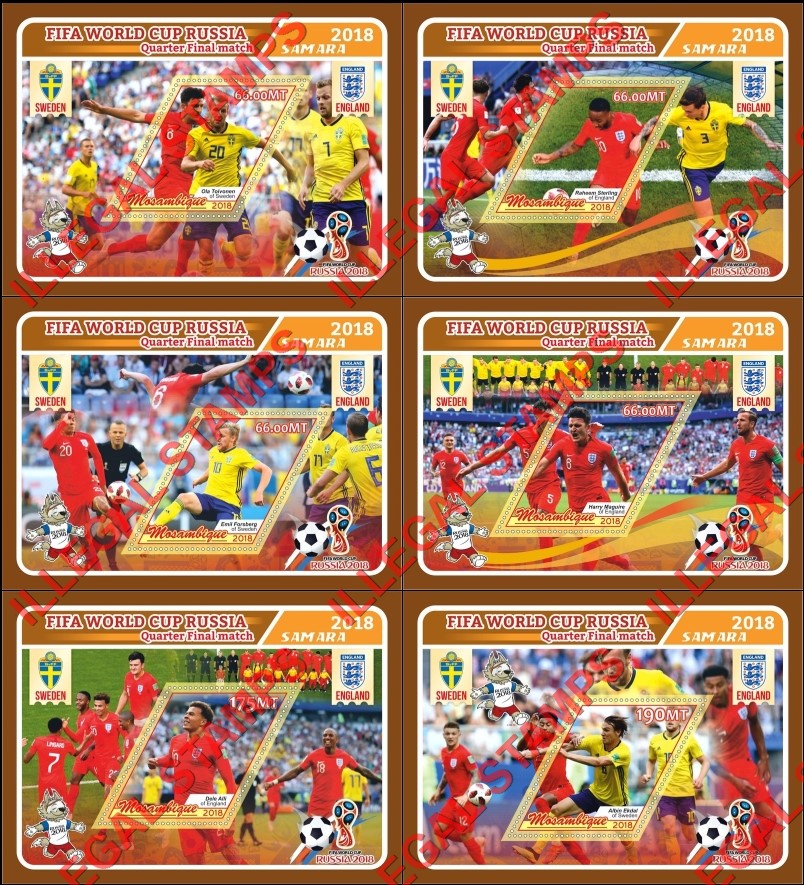 Mozambique 2018 FIFA World Cup Soccer in Russia Quarter Final Match Counterfeit Illegal Stamp Souvenir Sheets of 1 Mozambique 2018 FIFA World Cup Soccer in Russia Quarter Final Match Counterfeit Illegal Stamp Souvenir Sheets of 1