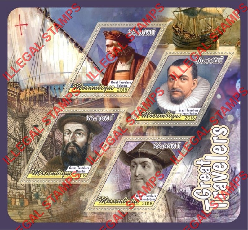 Mozambique 2018 Great Travelers Counterfeit Illegal Stamp Souvenir Sheet of 4 Mozambique 2018 Great Travelers Counterfeit Illegal Stamp Souvenir Sheet of 4