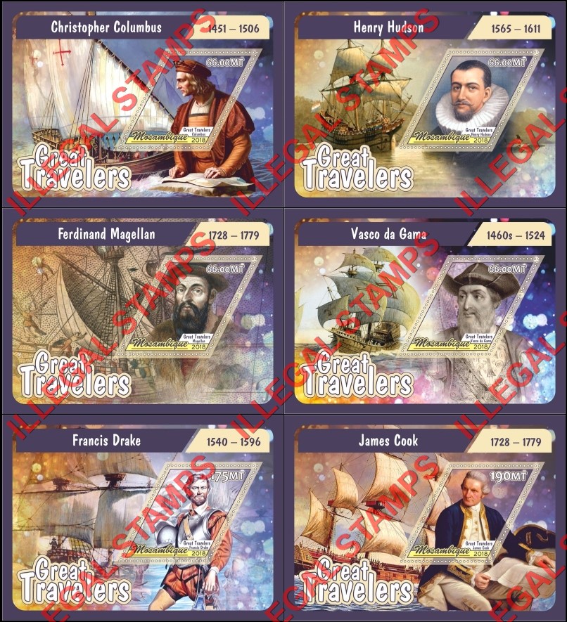 Mozambique 2018 Great Travelers Counterfeit Illegal Stamp Souvenir Sheets of 1 Mozambique 2018 Great Travelers Counterfeit Illegal Stamp Souvenir Sheets of 1
