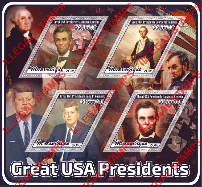 Mozambique 2018 Great USA Presidents Counterfeit Illegal Stamp Souvenir Sheet of 4 Mozambique 2018 Great USA Presidents Counterfeit Illegal Stamp Souvenir Sheet of 4