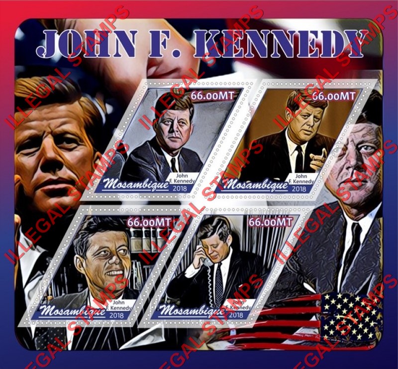 Mozambique 2018 John F. Kennedy (different) Counterfeit Illegal Stamp Souvenir Sheet of 4 Mozambique 2018 John F. Kennedy (different) Counterfeit Illegal Stamp Souvenir Sheet of 4