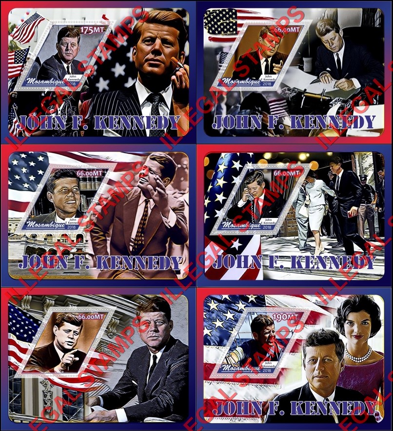 Mozambique 2018 John F. Kennedy (different) Counterfeit Illegal Stamp Souvenir Sheets of 1 Mozambique 2018 John F. Kennedy (different) Counterfeit Illegal Stamp Souvenir Sheets of 1