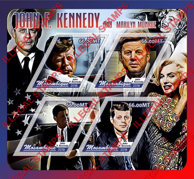 Mozambique 2018 John F. Kennedy and Marilyn Monroe Counterfeit Illegal Stamp Souvenir Sheet of 4 Mozambique 2018 John F. Kennedy and Marilyn Monroe Counterfeit Illegal Stamp Souvenir Sheet of 4