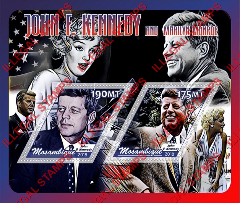 Mozambique 2018 John F. Kennedy and Marilyn Monroe Counterfeit Illegal Stamp Souvenir Sheet of 2 Mozambique 2018 John F. Kennedy and Marilyn Monroe Counterfeit Illegal Stamp Souvenir Sheet of 2