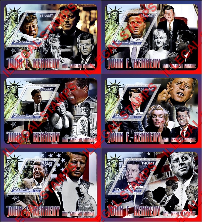 Mozambique 2018 John F. Kennedy and Marilyn Monroe Counterfeit Illegal Stamp Souvenir Sheets of 1 Mozambique 2018 John F. Kennedy and Marilyn Monroe Counterfeit Illegal Stamp Souvenir Sheets of 1