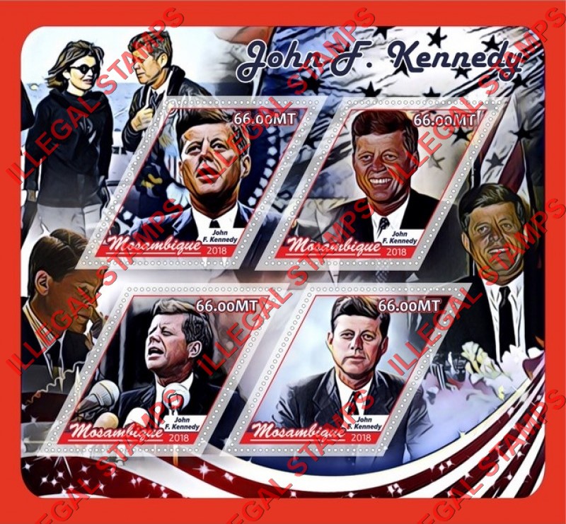 Mozambique 2018 John F. Kennedy Counterfeit Illegal Stamp Souvenir Sheet of 4 Mozambique 2018 John F. Kennedy Counterfeit Illegal Stamp Souvenir Sheet of 4