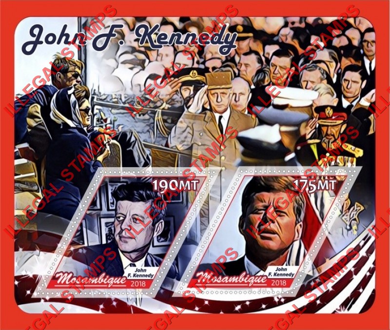 Mozambique 2018 John F. Kennedy Counterfeit Illegal Stamp Souvenir Sheet of 2 Mozambique 2018 John F. Kennedy Counterfeit Illegal Stamp Souvenir Sheet of 2