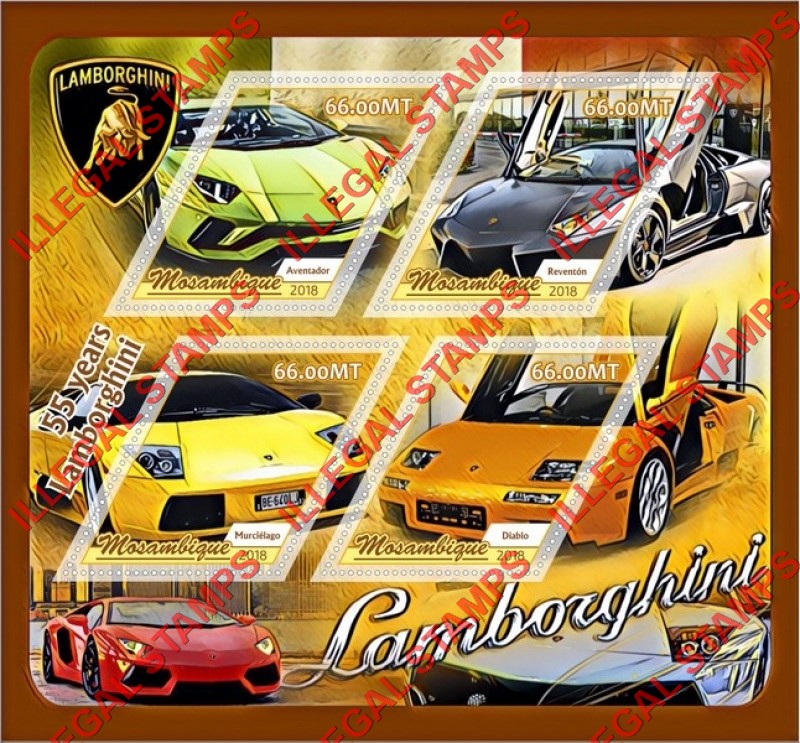 Mozambique 2018 Lamborghini Counterfeit Illegal Stamp Souvenir Sheet of 4 Mozambique 2018 Lamborghini Counterfeit Illegal Stamp Souvenir Sheet of 4