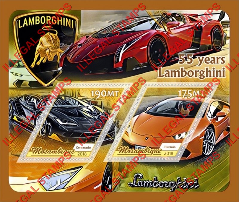 Mozambique 2018 Lamborghini Counterfeit Illegal Stamp Souvenir Sheet of 2 Mozambique 2018 Lamborghini Counterfeit Illegal Stamp Souvenir Sheet of 2