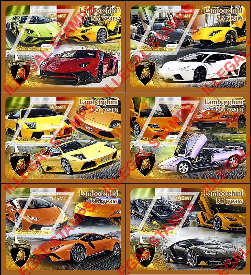 Mozambique 2018 Lamborghini Counterfeit Illegal Stamp Souvenir Sheets of 1 Mozambique 2018 Lamborghini Counterfeit Illegal Stamp Souvenir Sheets of 1