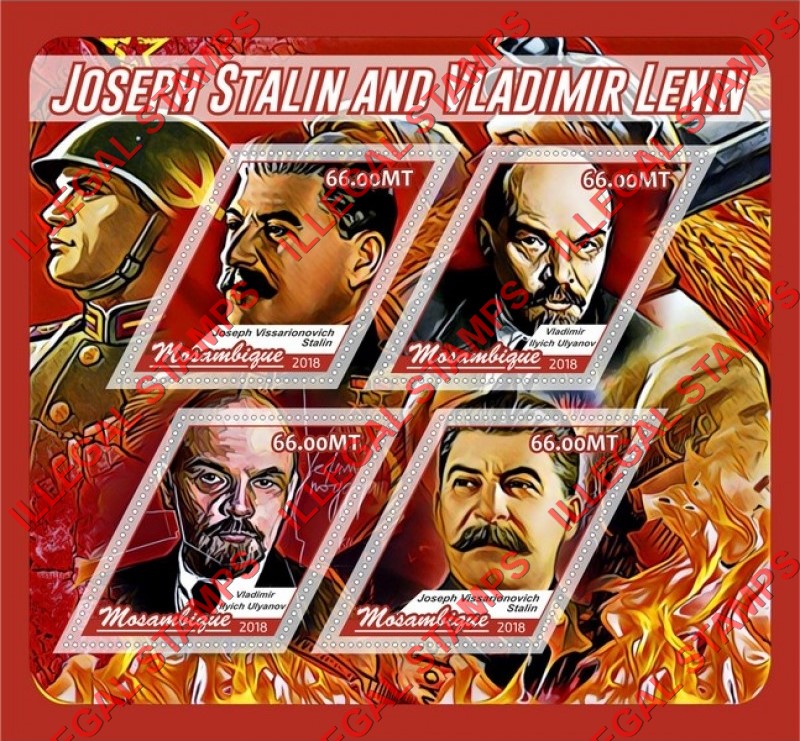 Mozambique 2018 Lenin and Stalin (different) Counterfeit Illegal Stamp Souvenir Sheet of 4 Mozambique 2018 Lenin and Stalin (different) Counterfeit Illegal Stamp Souvenir Sheet of 4