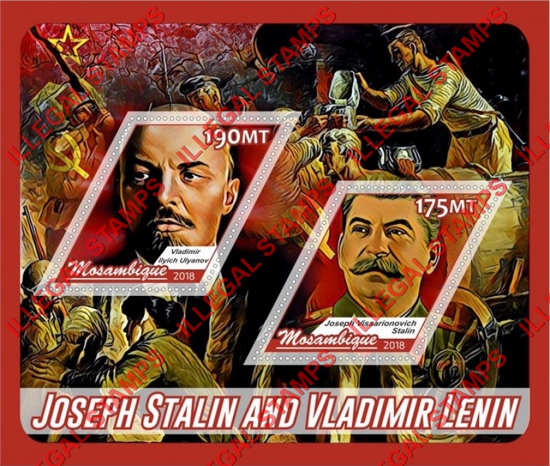 Mozambique 2018 Lenin and Stalin (different) Counterfeit Illegal Stamp Souvenir Sheet of 2 Mozambique 2018 Lenin and Stalin (different) Counterfeit Illegal Stamp Souvenir Sheet of 2