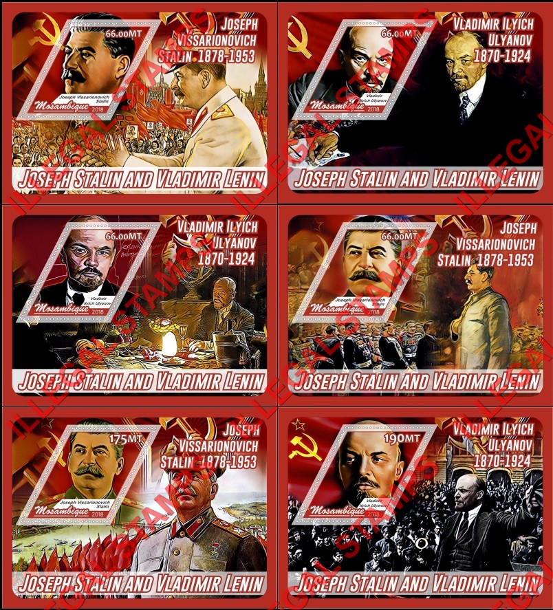 Mozambique 2018 Lenin and Stalin (different) Counterfeit Illegal Stamp Souvenir Sheets of 1 Mozambique 2018 Lenin and Stalin (different) Counterfeit Illegal Stamp Souvenir Sheets of 1