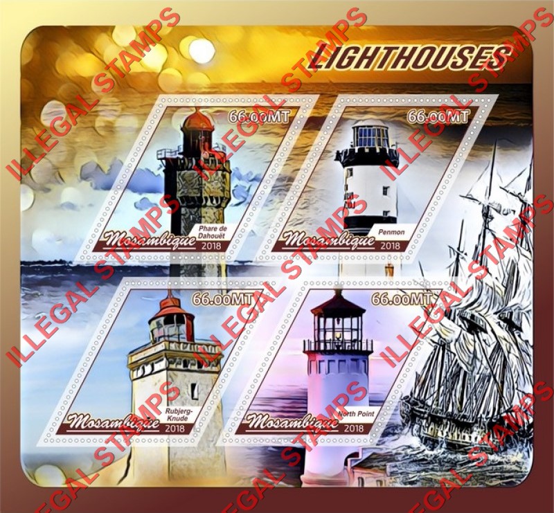 Mozambique 2018 Lighthouses Counterfeit Illegal Stamp Souvenir Sheet of 4 Mozambique 2018 Lighthouses Counterfeit Illegal Stamp Souvenir Sheet of 4