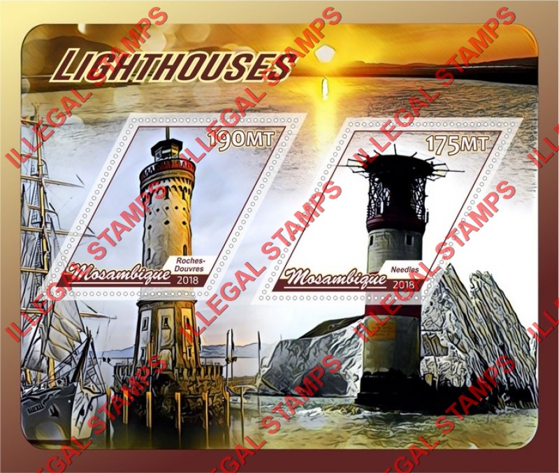 Mozambique 2018 Lighthouses Counterfeit Illegal Stamp Souvenir Sheet of 2 Mozambique 2018 Lighthouses Counterfeit Illegal Stamp Souvenir Sheet of 2
