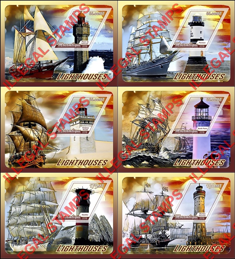 Mozambique 2018 Lighthouses Counterfeit Illegal Stamp Souvenir Sheets of 1 Mozambique 2018 Lighthouses Counterfeit Illegal Stamp Souvenir Sheets of 1