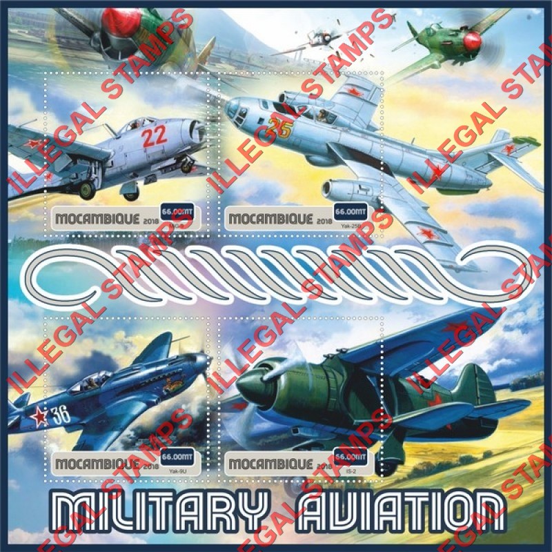 Mozambique 2018 Military Aviation Counterfeit Illegal Stamp Souvenir Sheet of 4 Mozambique 2018 Military Aviation Counterfeit Illegal Stamp Souvenir Sheet of 4