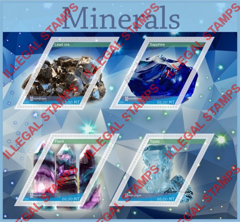 Mozambique 2018 Minerals Counterfeit Illegal Stamp Souvenir Sheet of 4 Mozambique 2018 Minerals Counterfeit Illegal Stamp Souvenir Sheet of 4