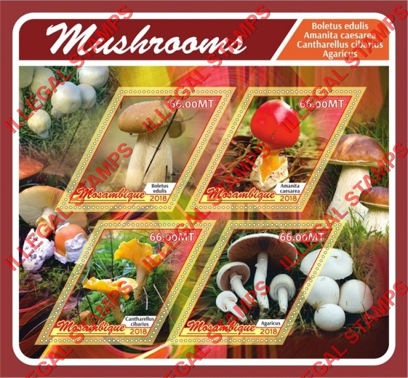 Mozambique 2018 Mushrooms (different b) Counterfeit Illegal Stamp Souvenir Sheet of 4 Mozambique 2018 Mushrooms (different b) Counterfeit Illegal Stamp Souvenir Sheet of 4