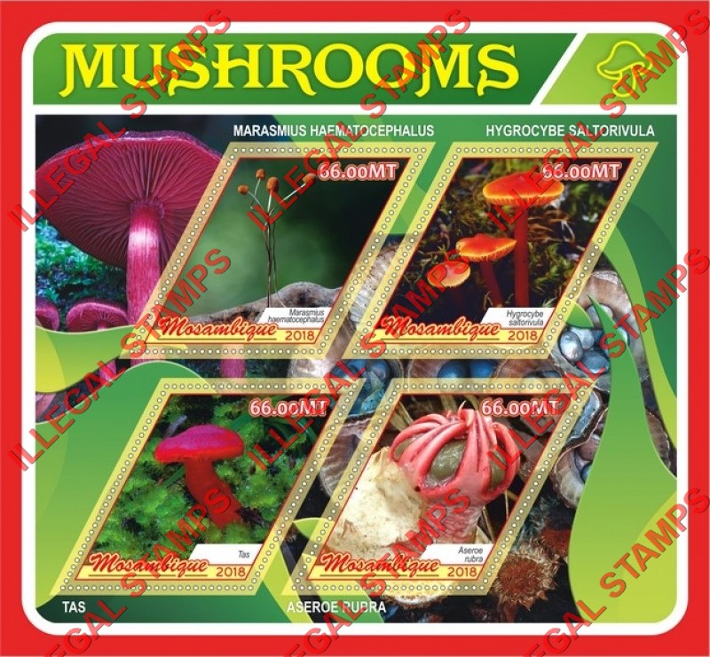 Mozambique 2018 Mushrooms (different c) Counterfeit Illegal Stamp Souvenir Sheet of 4 Mozambique 2018 Mushrooms (different c) Counterfeit Illegal Stamp Souvenir Sheet of 4