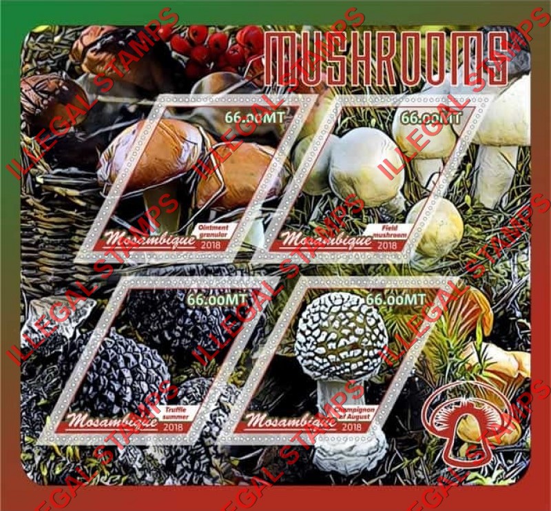 Mozambique 2018 Mushrooms (different) Counterfeit Illegal Stamp Souvenir Sheet of 4 Mozambique 2018 Mushrooms (different) Counterfeit Illegal Stamp Souvenir Sheet of 4