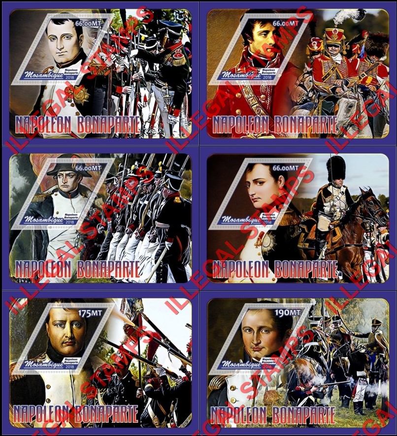 Mozambique 2018 Napoleon Bonaparte Counterfeit Illegal Stamp Souvenir Sheets of 1 Mozambique 2018 Napoleon Bonaparte Counterfeit Illegal Stamp Souvenir Sheets of 1