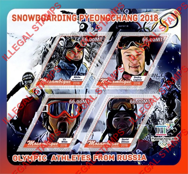 Mozambique 2018 Olympic Games in PyeongChang Snowboarding Russian Athletes Counterfeit Illegal Stamp Souvenir Sheet of 4 Mozambique 2018 Olympic Games in PyeongChang Snowboarding Russian Athletes Counterfeit Illegal Stamp Souvenir Sheet of 4