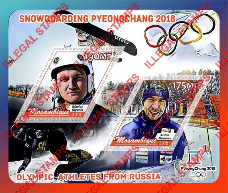 Mozambique 2018 Olympic Games in PyeongChang Snowboarding Russian Athletes Counterfeit Illegal Stamp Souvenir Sheet of 2 Mozambique 2018 Olympic Games in PyeongChang Snowboarding Russian Athletes Counterfeit Illegal Stamp Souvenir Sheet of 2