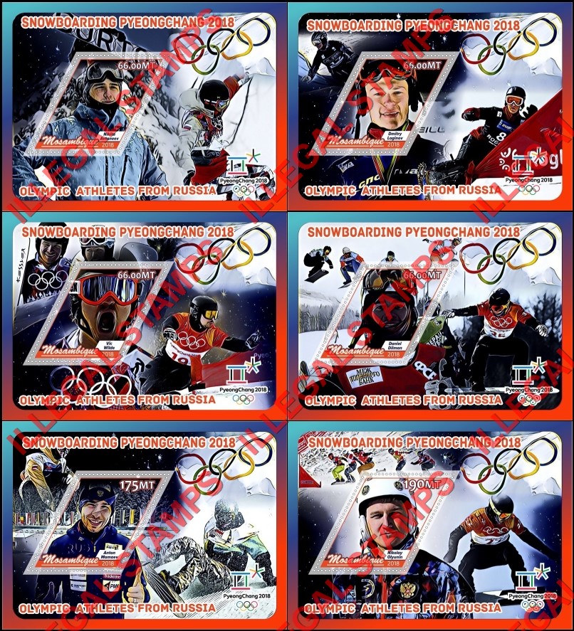 Mozambique 2018 Olympic Games in PyeongChang Snowboarding Russian Athletes Counterfeit Illegal Stamp Souvenir Sheets of 1 Mozambique 2018 Olympic Games in PyeongChang Snowboarding Russian Athletes Counterfeit Illegal Stamp Souvenir Sheets of 1